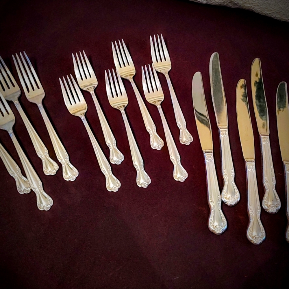 1950s Vtg Lot of 16 Rogers & Bro flatware Daybreak/Elegant Lady, Assorted